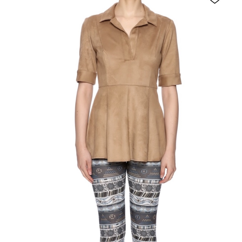 NEW Karen Herman Faux Suede Tan Peplum Top Size 4